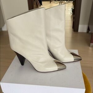 Isabel Marant Cream Leather Heeled Boots with Silver Tips
